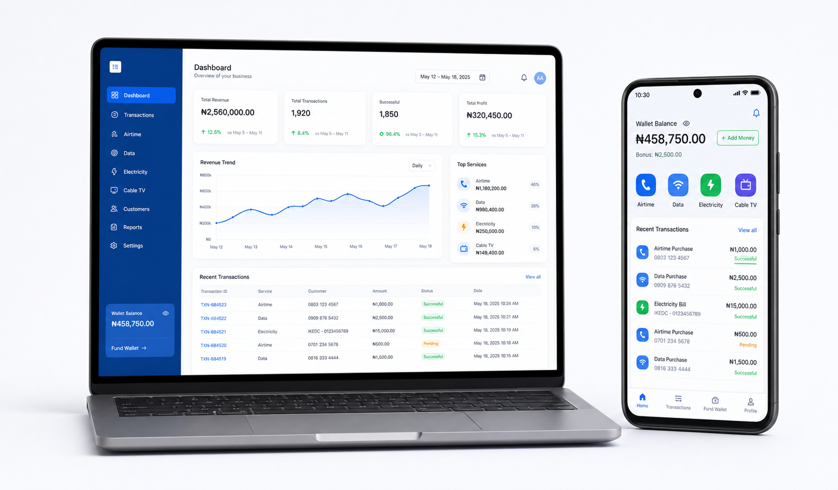 VTUPro dashboard and mobile app interface